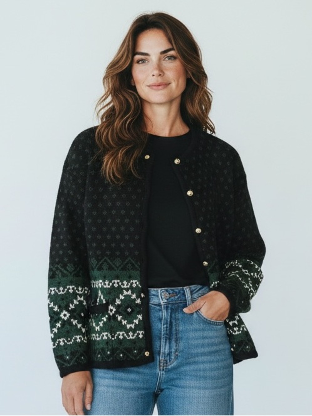 Vintage K.B. Collections Black & Green Fair Isle Patterned Knit Jacket Cardigan